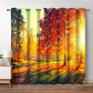 Jekeno Forest Blackout Curtains Jungle Autumn Tree Orange Leaves Sunlight Print Fall Nature Scenic Decor Home Bedroom Living Room Grommet Window Drapes 2 Panel Set, 52"x84"