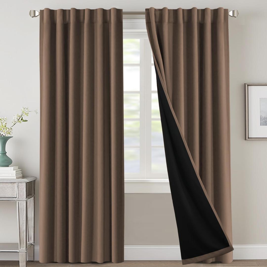 H.VERSAILTEX 100% Blackout Curtains for Bedroom with Black Liner Room Darkening Curtain 84 Inch Long Thermal Insulated Back Tab/Rod Pocket Window Treatment Drapes for Living Room, 2 Panels, Macchiato