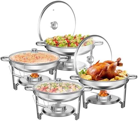 WARMOUNTS Round Chafing Dishes for Buffet with Glass Lid (5QT, 4 Pack) - 95% Pre-Assembly, Food-Grade Stainless Steel Chafers and Buffet Warmers Sets with Lid Holder, Rolled Edge Design, for Party, Silver