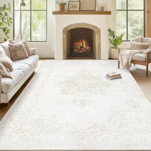 8x10 Area Rugs for Living Room, Washable Vintage Boho Rug Large Low Pile Soft Non Slip Rug Indoor Retro Carpet for Bedroom Dining Room Home Office (Beige, 8'x10')