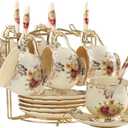 YOLIFE Flowering Shrubs Tea Cups and Saucers Set of 6, Ivory Ceramic Floral Tea Cups Set with Golden Rack, Coffee Cups, 8 oz