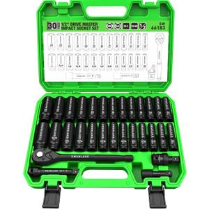 30-Piece 1/2" Drive Impact Socket Set, Standard SAE (3/8-1 inch) and Metric (10-24mm) 6 Point CR-V Steel Deep Socket, Ratchet Handle, 3" & 5" Extension Bar, CR-MO Impact Universal Joint