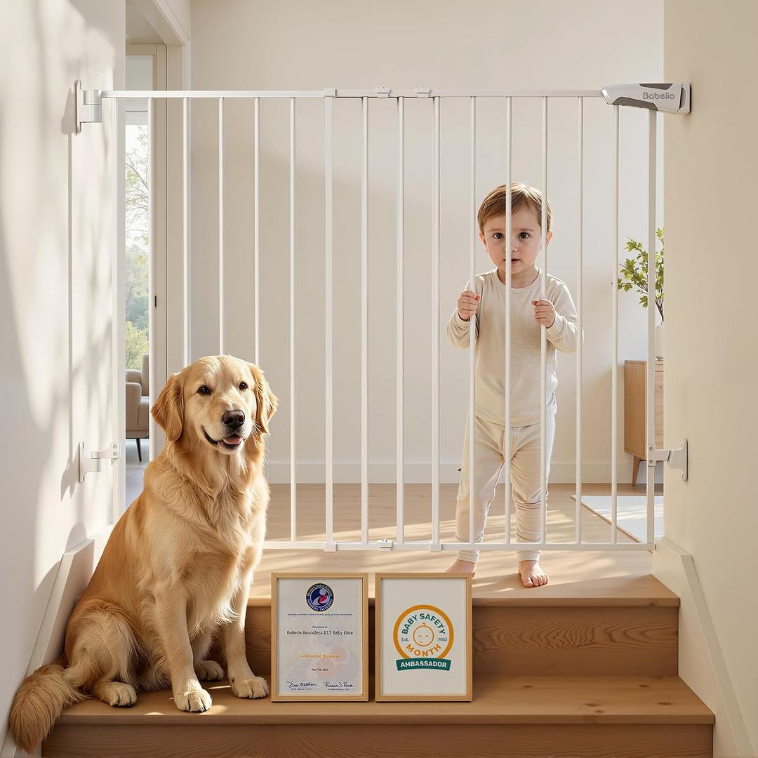 Babelio Baby Gate for Stairs, Kitchen & Doorways, No Bottom Bar| Easy Install| One-Handed Operation| Auto-Close| Hardware Mount Safety Dog Gate (White, 34" H, 29.7-46.5" W)