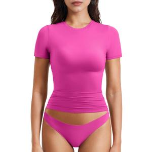 YEOREO Women Fitted Workout Tops Short Sleeve Double Lined Basic Y2K Going Out Crew Neck Compression Crop Top (Pink, M)