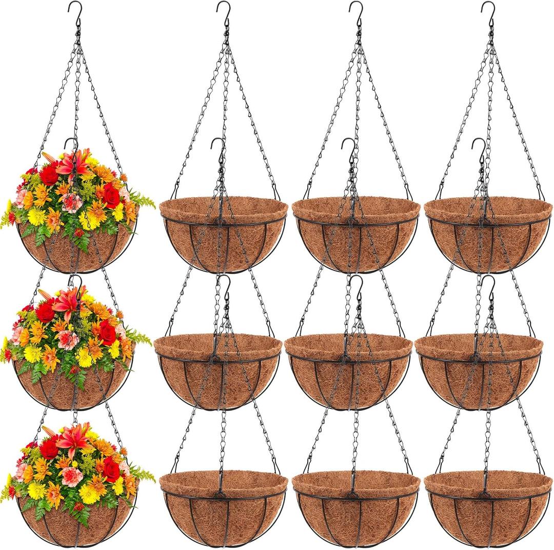 Dandat 12 Pack Hanging Planter Basket Outdoor Large Hanging Flower Pots Indoor 10 inch with Coco Coir Liner Round Wire Plant Holder Chain Basket Garden for Home Decor Balcony Office