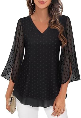 Timeson Women's 3/4 Sleeve Floral Blouses Shirts Double Layers V Neck Dressy Tunics Tops, Size L