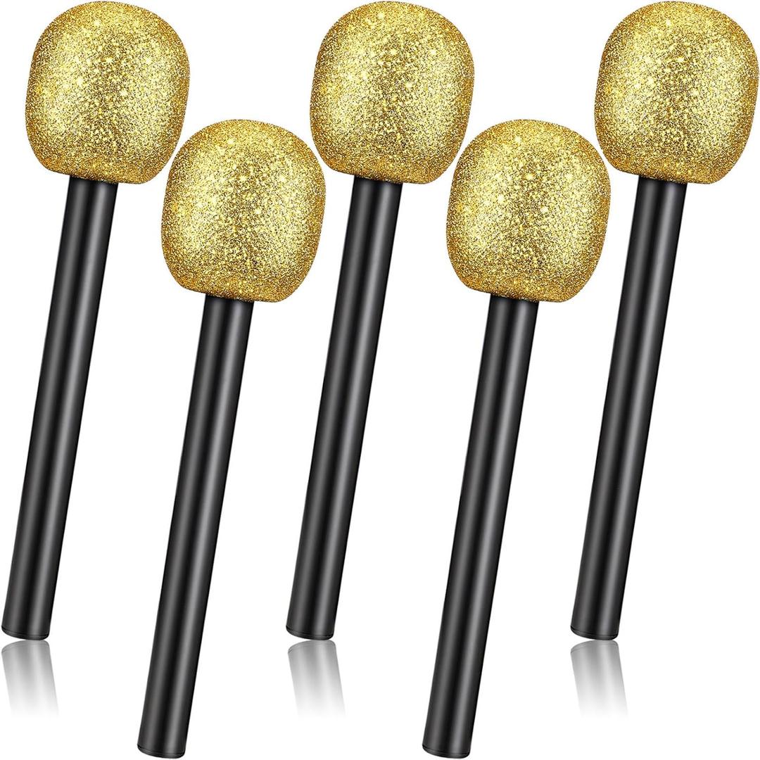 Facmogu 5 Packs Glitter Microphone Props, Fake Plastic Bling Mic Props for Halloween Christmas Cosplay, Microphone Party Decor Prop for Costume Karaoke Birthday Dancing Party Favors - Sparkling Gold