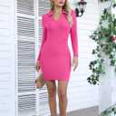 Valiamcep Women's Dress Long Sleeve V Neck Collared Ribbed Knit Bodycon Mini Pencil Dresses (Pink, L)