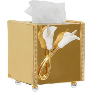 Restaurant Tissue Box Cover Holder, Metal Square Tissue Holder Decorated with Flowers, Party Decoration Napkin Tissue Holder, Suitable for Hotel and Wedding Tissue Distribution Services (Gold)