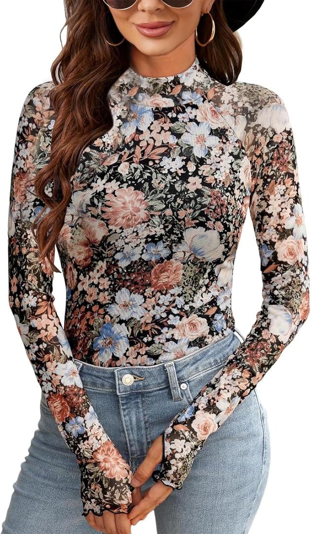 Lace Long Sleeve Floral Mesh Top Mockneck Going Out Tops for Women Trendy Undershirt Fashion Outfits (S)