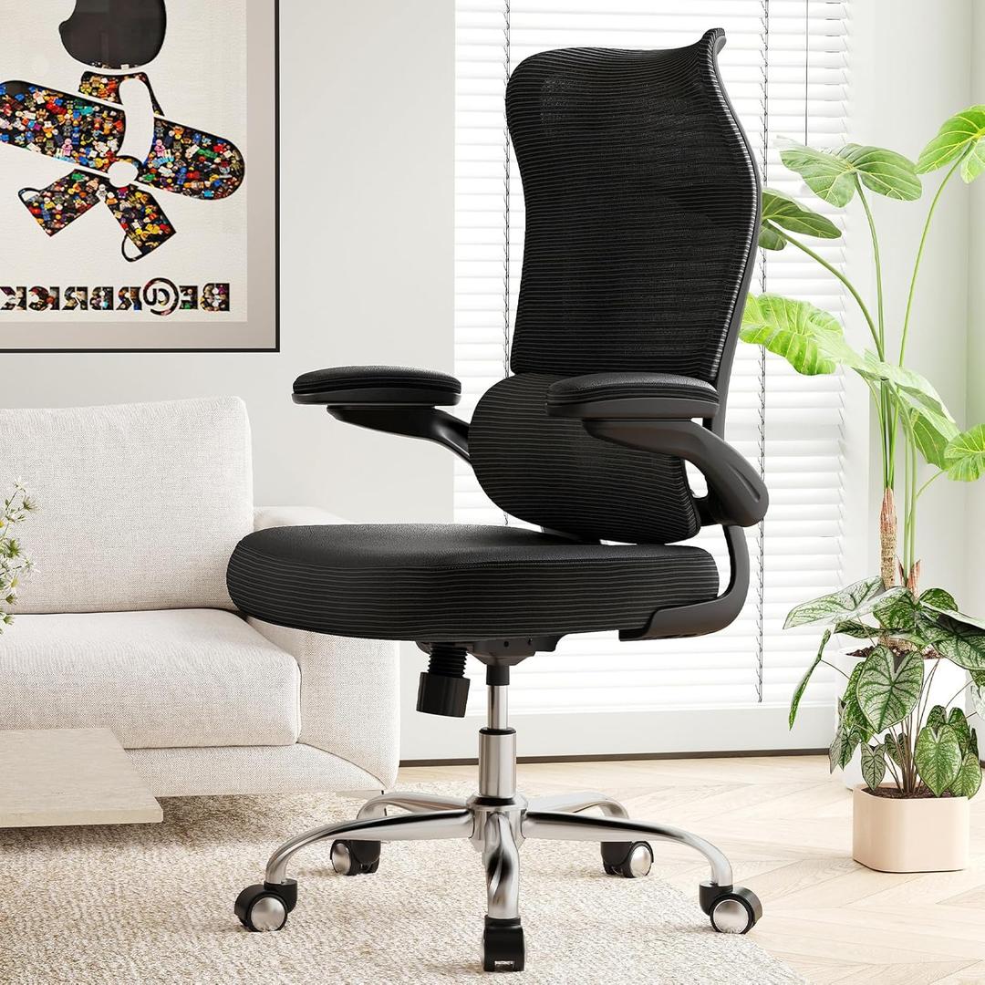 TRALT Ergonomic Office Chair - Desk Chair with Wave High Back Adjustable Lumbar Support Computer Chair - Gaming Chairs Mesh Backrest and PU Leather Seat for Home Reading Chairs to Adults(Black)