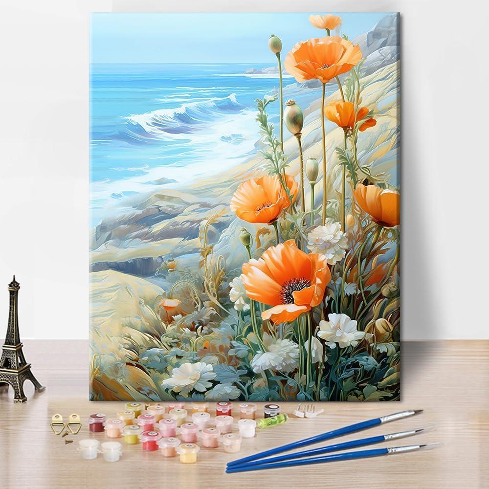 TUMOVO Paint by Number for AduIts Beginner FIowesr Paint Numbers Kits Poppies and Daisies Adult Paint by Number Sea View Adult Paint by Numbers Kits DIY Painting Kits Gift, 16 x20 Inch