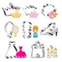8 Pieces Princess Cookie Cutter Set, Crown, Dress, Rose, Mirror, Princess, High Heel, Castle Shapes Biscuit Molds Stainless Steel Fondant Cutters for Girls Princess Fairy Party Baking
