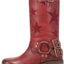 KISTANIA Women's Knee High Riding Boots Square Toe Chunky Heel Fashion Buckle Belts Cowboy Cowgirl Moto Boots with Stars (6, Red)