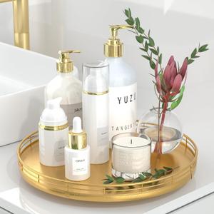 12" Gold Lazy Susan for Table Top, Oak Wood Lazy Susan Turntable Organizer for Dining Coffee Table Centerpiece Bar Decor Kitchen Countertop Bathroom Vanity Decorative Tray for Perfume Jewelry Round