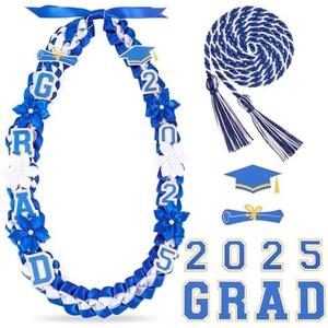 Thiccywoov Graduation Ribbon Lei Class of 2025 Grad Lei Kit Graduation Double Braided Necklace with Honor Cord for Graduate Women Men High School College Grad Party Supplies(Blue, White)