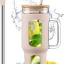 Glass Tumbler with Lid and Straw, 46 oz Iced Coffee Cup with Handle, Large Water Bottles with Silicone Sleeve, Glass Cup with Straws - Pearl Straw & Drinking Straw BPA Free-Amber