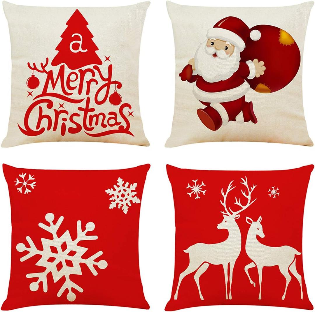 Ogrmar 4PCS 18"x18" Throw Pillow Covers Christmas Decorative Couch Pillow Cases Cotton Linen Pillow Square Cushion Cover for Sofa, Couch, Bed and Car