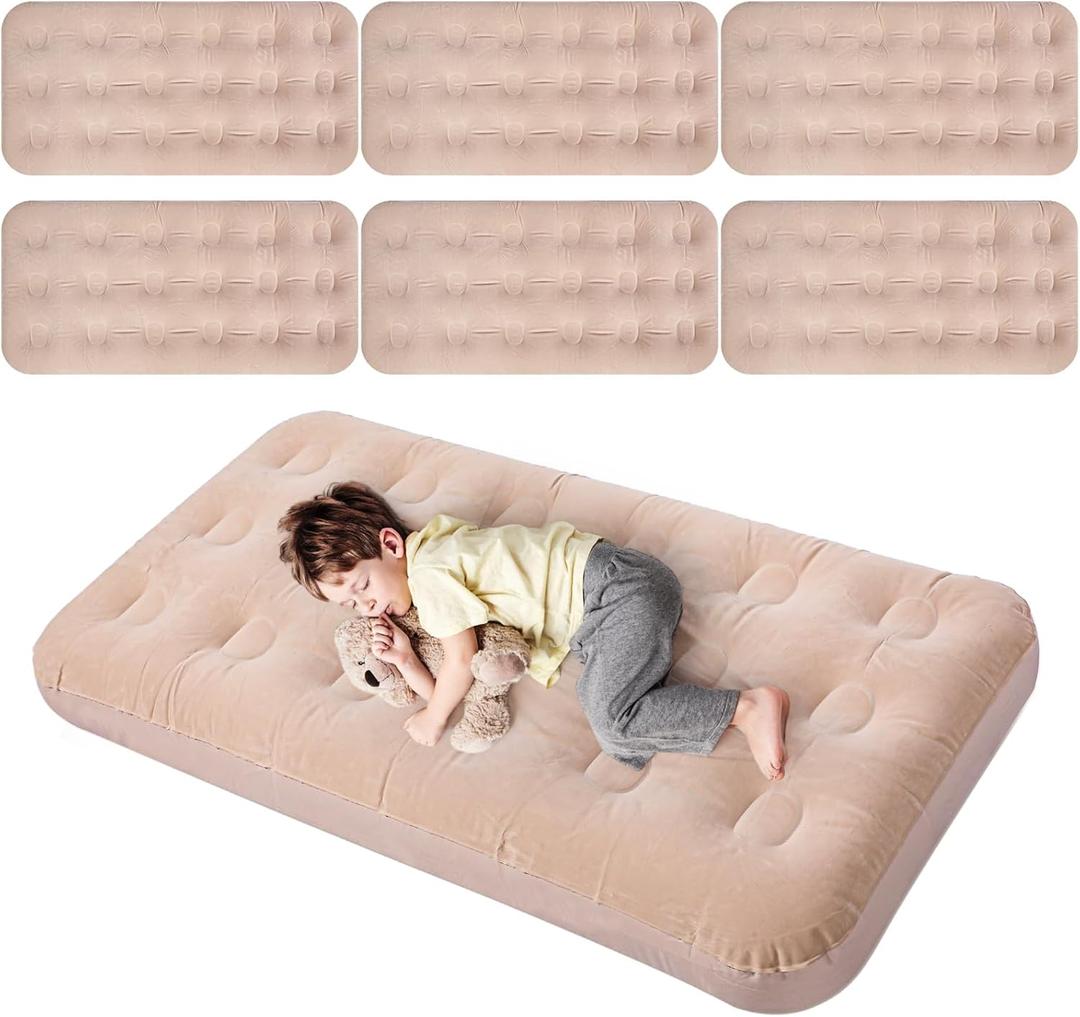 Geetery Kids Air Mattress Toddler Inflatable Airbed 55x27.6x8.7 Inch Foldable Comfort Flocked Blow up Bed with Patch Kit Portable Sleepover Mattresses for Home Travel Camping Party(Beige, 6 Pcs)