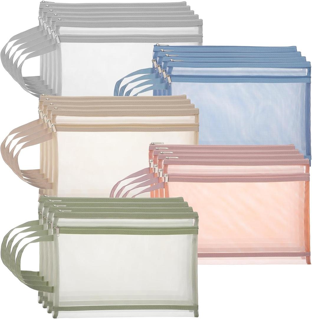 20 Pack Mesh Zipper Pouches A4 Size, Double Layer Mesh Storage Bags with Zipper Handle for Organizing Documents, Cosmetics, Toiletries, Office Supplies, Travel Essentials and Home Organization