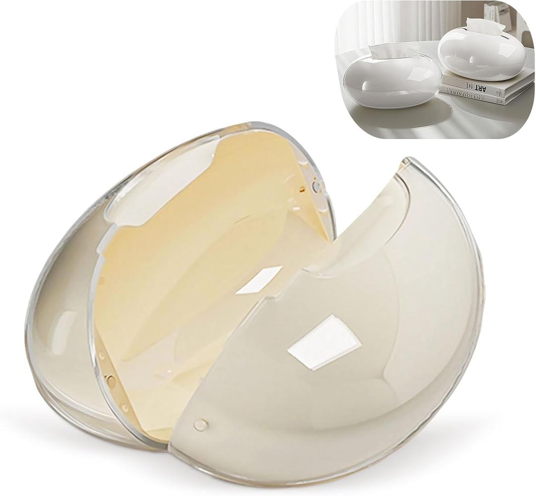 Modern Tissue Box Cover for Home and Office  Magnetic Lid Oval Tissue Holder, Inside Dimensions 8.07"  5.91"  3.44", Decorative Clear Double-Layer Plastic, Luxe Home Decor (Cream)