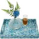 CLAYNIX Serving Tray 15.7" X11.8", Lacquer Mother of Pearl Inlay Mosaic Tray, Rectangle Wooden Marble Tray with Handles Trays for Tea, Breakfast in Bed, Table (Flower Style)