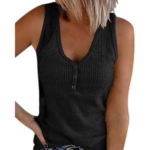 Womens V Neck Tank Tops Summer Sleeveless Ribbed Button Casual Henley Shirts XXL