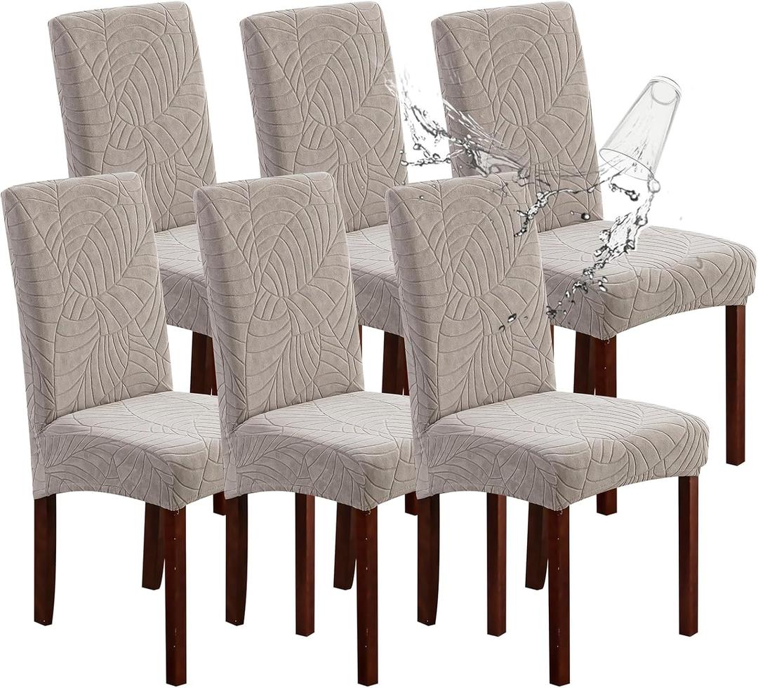 Genina Waterproof Chair Covers for Dining Room 6 Pack, Stretch Jacquard Dining Chair Cover Removable Washable Chair Protectors Cover for Kitchen, Home (Leaves-Warm Gray, 6 PCS)