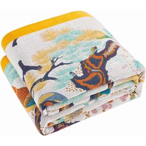 Fall Throw Blanket for Couch, Yellow Boho Decorative Throw Blanket, 100% Cotton Muslin Breathable Woven Farmhouse Blankets Quilt, 50"x60" Reversible Lightweight Blankets Bohemian Throw Quilt (Mandarin Duck)