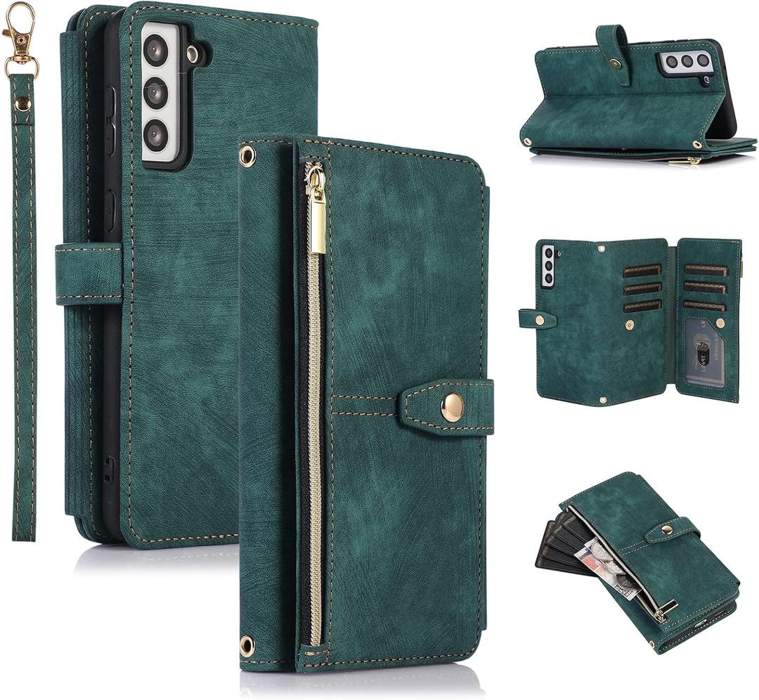 UEEBAI Case for Samsung Galaxy S22 Plus 5G, 9 Card Slots Retro Leather Wallet Shockproof Flip Cover with Hand Strap Card Slots Zipper Pocket Kickstand Handbag Magnetic Closure - Retro Green