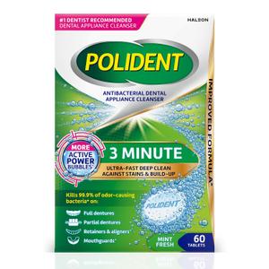 Polident 3 Minute Antibacterial Dental Appliance Cleanser Tablets, Retainer Cleaner Tablets, 60 Count, EXP: 05/31/2028