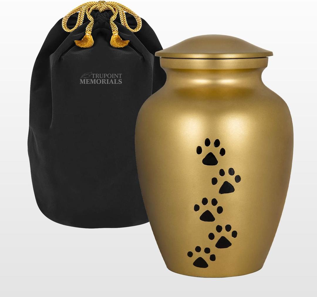 Trupoint Memorials Small Pet Urn for Dogs and Cats Ashes, Paws Print Gold Cremation Urns for Pets up to 17 lbs (Small Up to 17 Lbs)