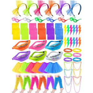 Shinymoon 54 Pcs 80s Accessories for Women Neon Tutu Skirts Light Shutter Glasses Holographic Fanny Pack Lace Headband Earring Necklace Leg Warmers Fishnet Gloves Bracelet for Halloween Party Costume