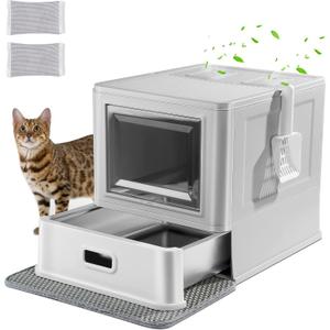 Marchul Enclosed Stainless Steel Cat Litter Box with Lid & Drawer Design for Indoor All Lifestyles Cats, Metal Covered Cat Litter Box, Baffles for Anti-Leakag, with Litter Scoop & Litter Mat