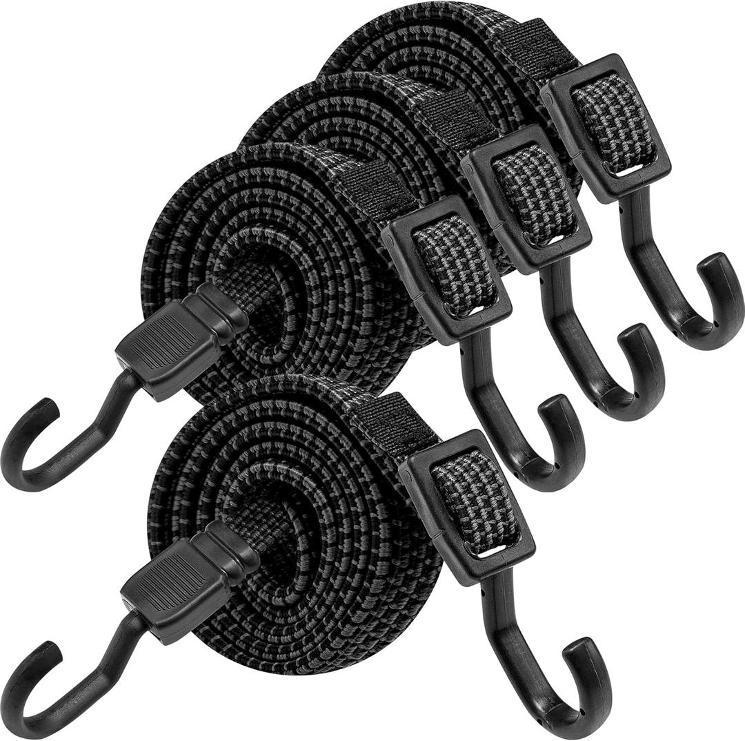 Bungee Cords with Hooks Heavy Duty, Flat Adjustable Bungee Cords with Hooks 32 Inch, Rubber Black Bungee Straps with Buckle Hooks for Outdoor, Camping, Tarps, Bike Rack, Tent, Truck, 4 Pack