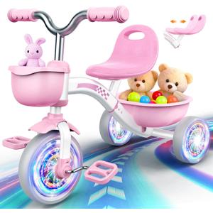 Kkdi Toddler Tricycle for 1-3 3-5 Year Olds, 2 3 4 5 Year Old Girl Birthday Gifts, Pink Toddler Baby Bike, 4-Level Adjustable Seat, 3 Color Light Wheels, 2 Baskets, Outdoor Riding Toys for Ages 2-4