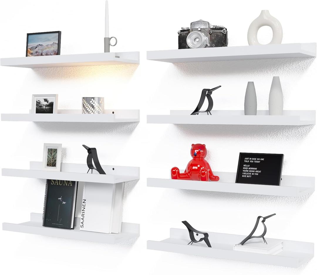 RICHER HOUSE 8 Set Floating Wall Mounted Shelves, Nursery Hanging Book Shelves with Lip for Storage, White Display Picture Ledge Shelf for Bedroom Bathroom Kitchen Living Room Wall Decor, Modern White (8pcs*15.70in)