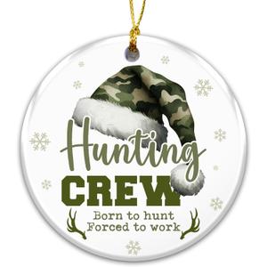 2 x Hunting Crew Ornament 2025  Born to Hunt Forced to Work Funny Hunter Ornament for Men, Dad, Husband, or Grandpa  Camo Santa Hat Deer Antler Design, Outdoor Sportsman Christmas Ornament, Rustic Gift
