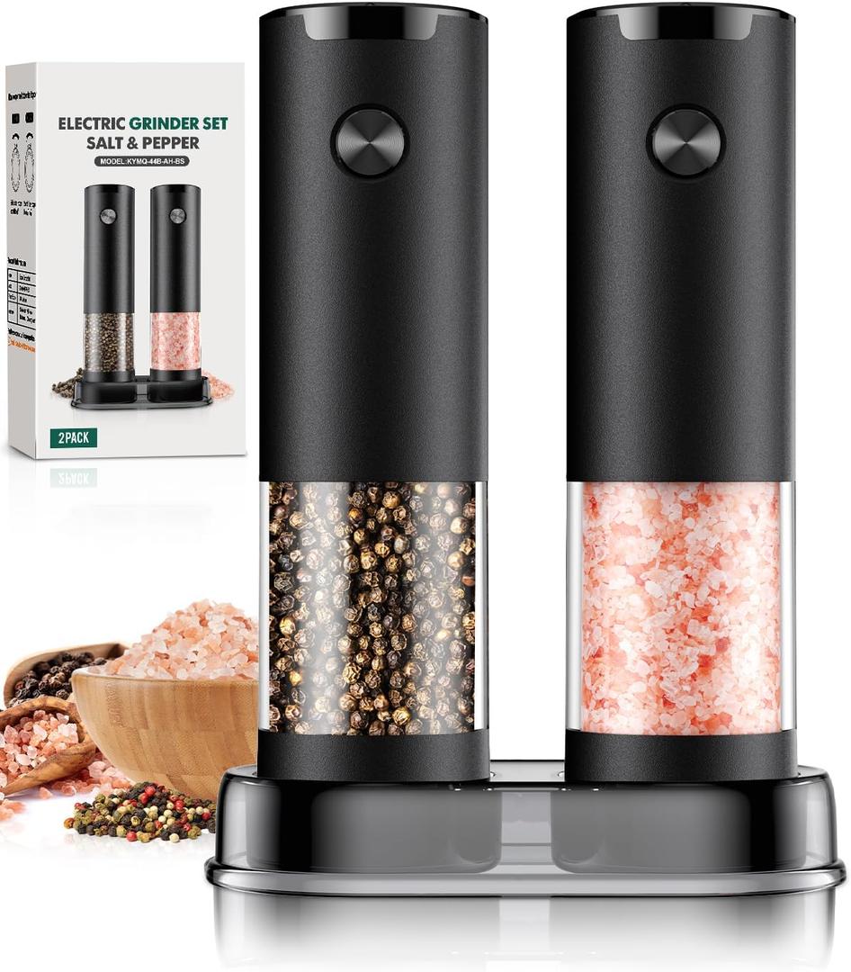 Electric Salt and Pepper Grinder Set Automatic Battery Pepper Mill Shakers Adjustable Coarseness Easy Filling Upgraded Larger Capacity with Led (2 Pack Black/Black