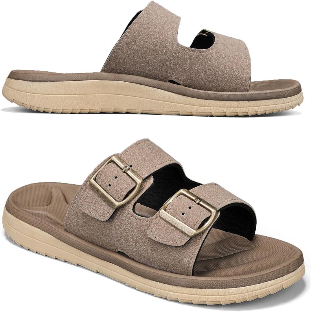 Mens Sandals Adjustable Buckle Straps with Arch Support Lightweight Comfort Beach Sandals Soft Cushion Footbed Summer Slippers Open Toe Slides for Indoor and Outdoor (6, Khaki)