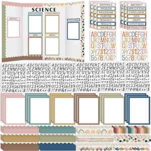 Skyygemm 92 Pcs Science Fair Board Supplies 60 Trim Scalloped Poster Boards 18 Presentation Subtitles 6 Self Adhesive Project Titles 8 Letter Sticker for Classroom Display(Boho)