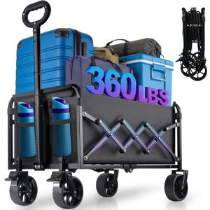 360LBS Collapsible Wagon Cart Foldable - Heavy Duty Portable Utility Folding Beach Wagon Cart with 360° Swivel Wheels & Brakes for Groceries Garden Beach Sports Shopping Camping