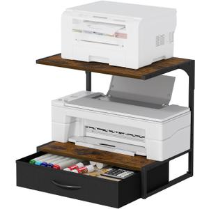 VYUOL Printer Stand with Storage for Desk, with Fabric Drawer Desktop Printer Stand Shelf Organzier for Home Office, for Above and Under Desk Printer Table, Fax Machine Copier Scanner, Brown
