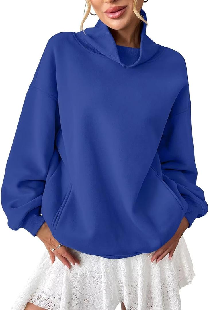 EasyGala Womens Fleece Sweatshirts with Pockets Oversized Turtleneck Pullover Trendy Long Sleeve Tops Fall Fashion Shirts (Blue, L)