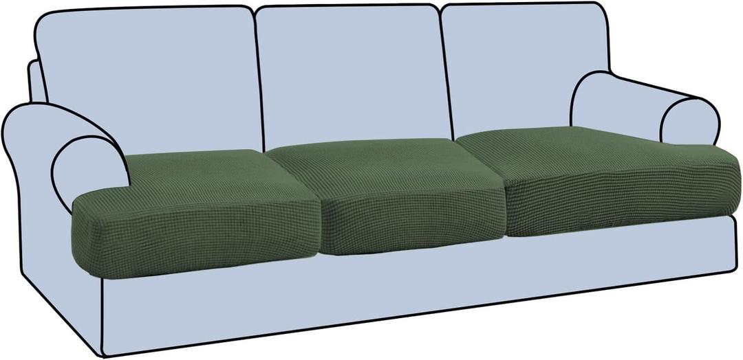 H.VERSAILTEX Stretch 3 Piece T Cushion Sofa Slipcovers Individually Sofa Cushion Covers for 3 Cushion Couch Sofa Seat Cushion Covers with Elastic Bands Featuring Thicker Jacquard Fabric, Bronze Green