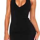 Women Sexy Bodycon Mini Dress V Neck Halter Backless Dress Club Cocktail Going Out Dresses (Large, Black)