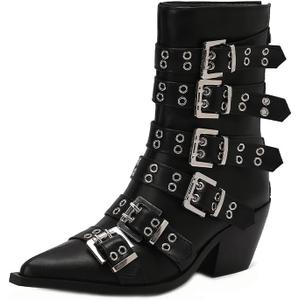 Women's Multi-Buckle Pointed Toe Ankle Boots 6.5cm Chunky Mid Block Heel Booties Size 6-12 US (Black Matte)