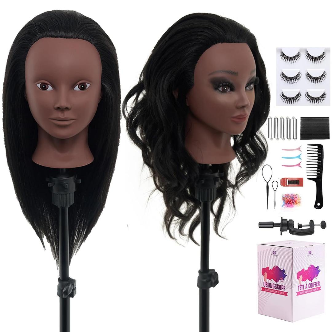 18" Mannequin Head Human Hair - 100% Real Hair Mannequin Head for Makeup Practice, Cosmetology Manikin Doll Head for Hair Styling, Hairdressing Training Head for Braiding with Table Clamp,Black