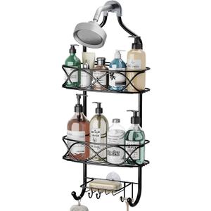 Hanging Shower Caddy Over Shower Head, Black Rust Proof Metal Large Bathroom Organizer for Shampoo, Conditioner, Body Wash, Soap, Razors, Shower Sponge, Loofahs and Bath Rack