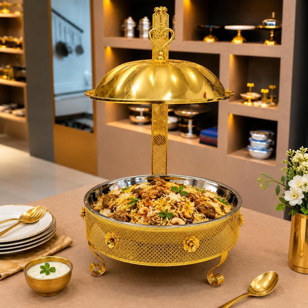 1 PCS Royal Gold Chafing Dish Buffet Set, 8L Round Server with Dome Lid, [Game Changer Maifanite-Coated], Parties Serve for Wedding, Birthday, Church Events, ETC Gold